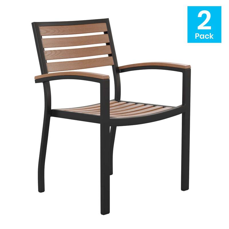 Lark Outdoor Stackable Faux Teak Side Chair - Commercial Grade Metal Patio Chair with Synthetic Teak Slats - Set of 2