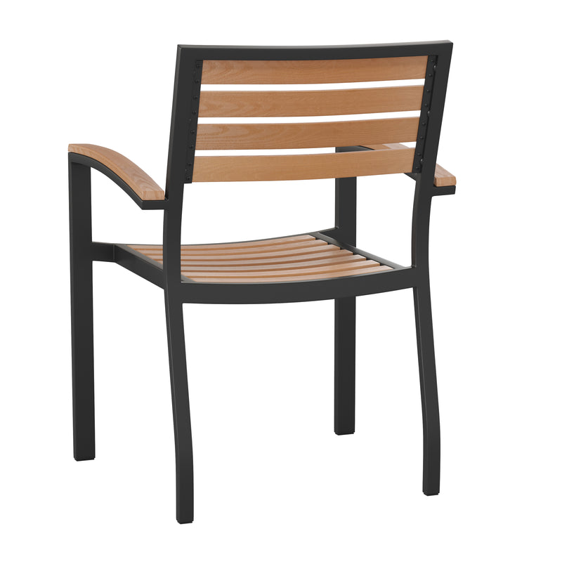 Lark Outdoor Stackable Faux Teak Side Chair - Commercial Grade Metal Patio Chair with Synthetic Teak Slats - Set of 2