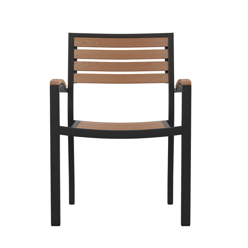 Lark Outdoor Stackable Faux Teak Side Chair - Commercial Grade Metal Patio Chair with Synthetic Teak Slats - Set of 2