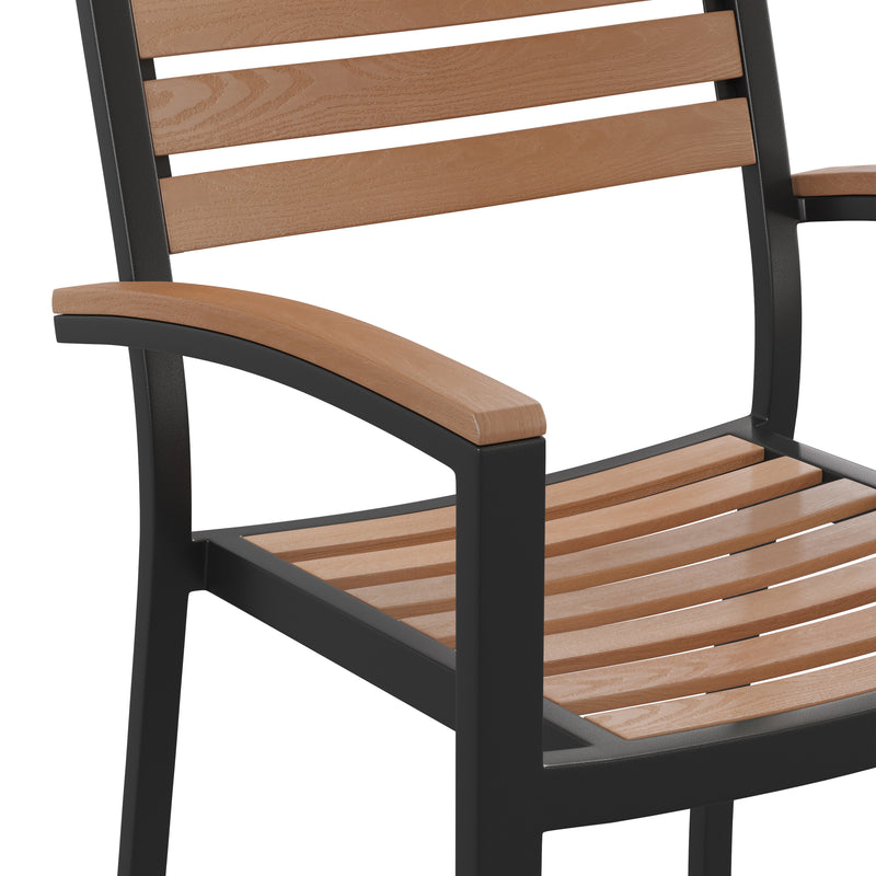 Lark Outdoor Stackable Faux Teak Side Chair - Commercial Grade Metal Patio Chair with Synthetic Teak Slats - Set of 2