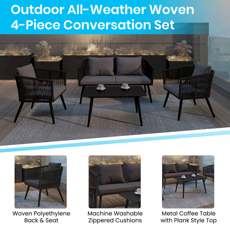 Tamara All-Weather 4-Piece Woven Conversation Set with Zippered Removable Cushions & Metal Coffee Table