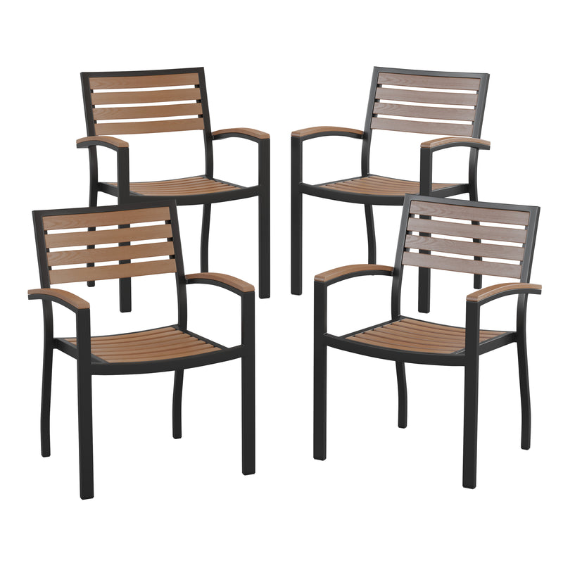 Lark Outdoor Stackable Faux Teak Side Chair - Commercial Grade Metal Patio Chair with Synthetic Teak Slats - Set of 4