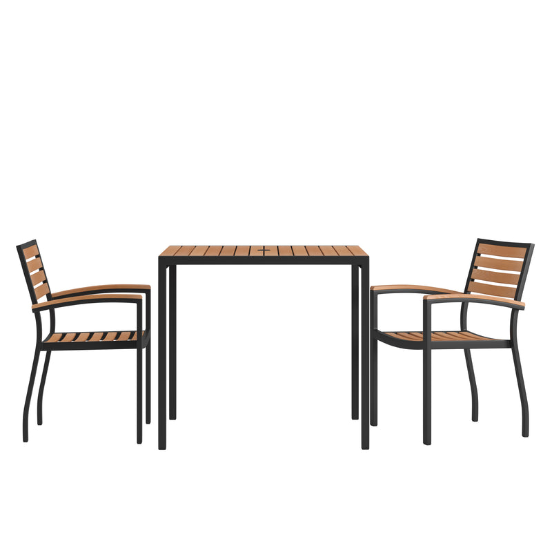 Lark 3 Piece Outdoor Dining Table Set - Synthetic Teak Poly Slats - Lark 3Lark 5" Square Steel Framed Table with Umbrella Hole - 2 Club Chairs