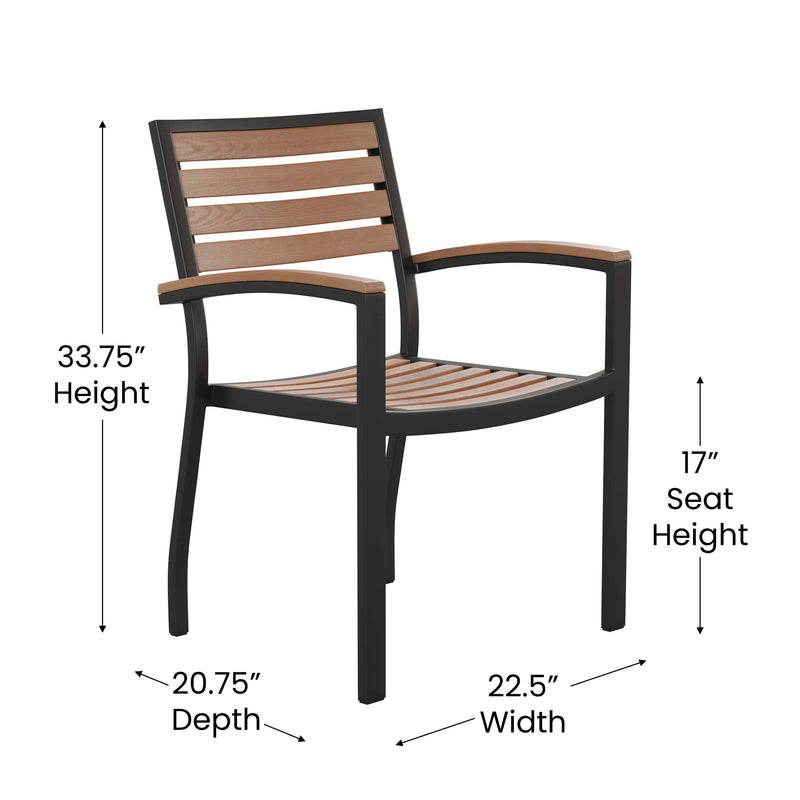 Lark 3 Piece Outdoor Dining Table Set - Synthetic Teak Poly Slats - Lark 3Lark 5" Square Steel Framed Table with Umbrella Hole - 2 Club Chairs