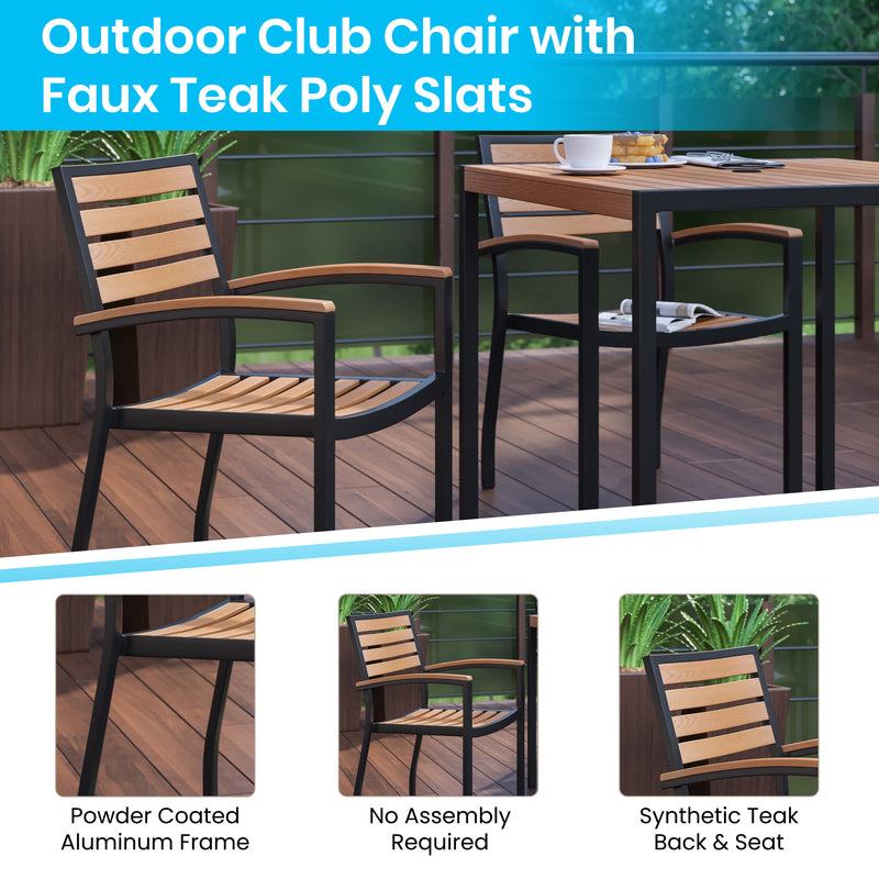 Lark 3 Piece Outdoor Dining Table Set - Synthetic Teak Poly Slats - Lark 3Lark 5" Square Steel Framed Table with Umbrella Hole - 2 Club Chairs