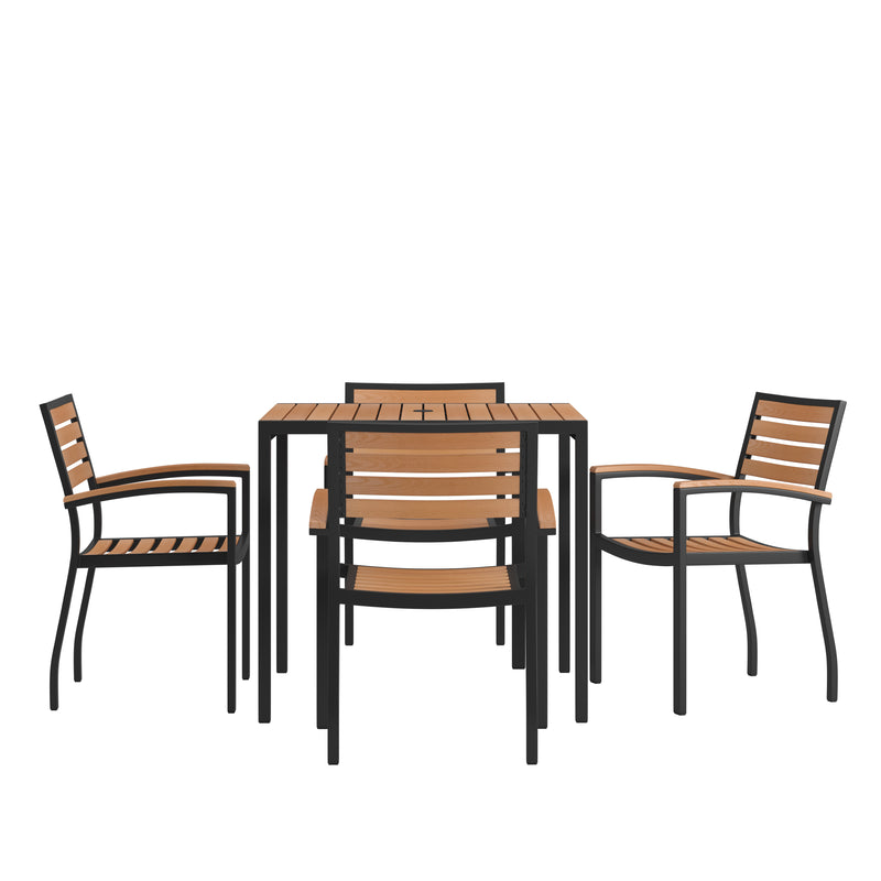 Lark 5 Piece Outdoor Dining Table Set - Synthetic Teak Poly Slats - Lark 3Lark 5" Square Steel Framed Table with Umbrella Hole - 4 Club Chairs