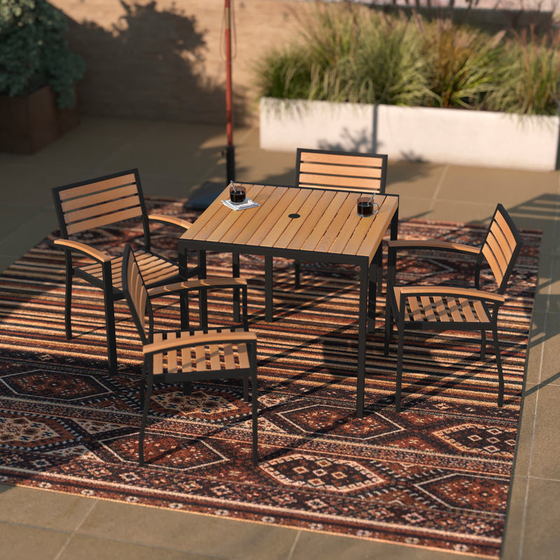 Lark 5 Piece Outdoor Dining Table Set - Synthetic Teak Poly Slats - Lark 3Lark 5" Square Steel Framed Table with Umbrella Hole - 4 Club Chairs