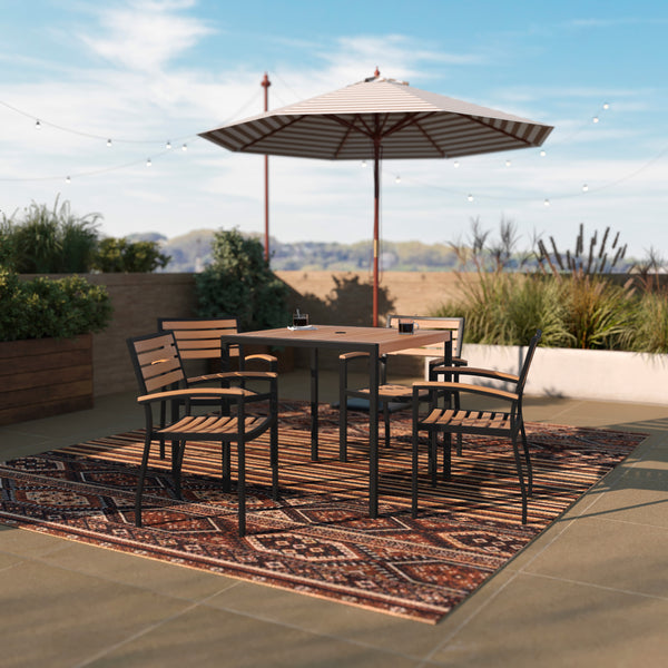 Lark 5 Piece Outdoor Dining Table Set - Synthetic Teak Poly Slats - Lark 3Lark 5" Square Steel Framed Table with Umbrella Hole - 4 Club Chairs