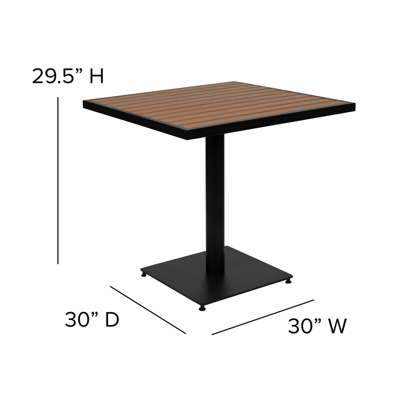 Lark Indoor/Outdoor 3 Piece Patio Dining Table Set with Faux Teak Table & 2 Stacking Club Chairs with Teak Accented Arms