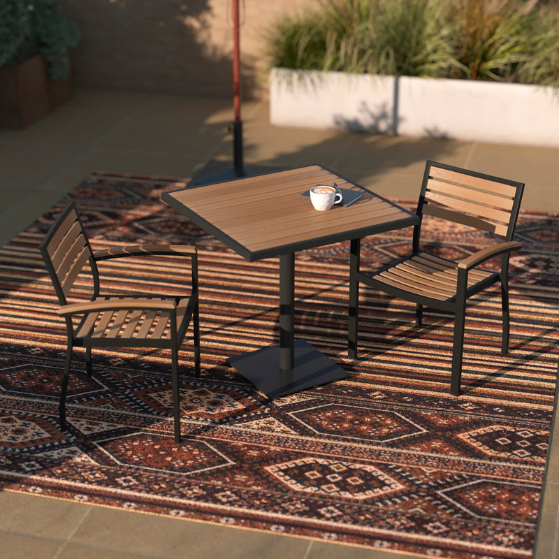 Lark Indoor/Outdoor 3 Piece Patio Dining Table Set with Faux Teak Table & 2 Stacking Club Chairs with Teak Accented Arms