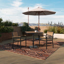 Lark Indoor/Outdoor 3 Piece Patio Dining Table Set with Faux Teak Table & 2 Stacking Club Chairs with Teak Accented Arms