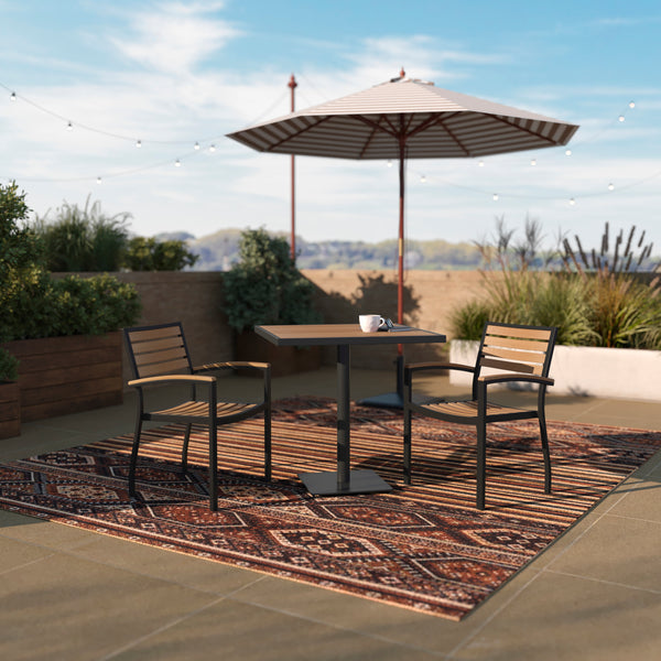 Lark Indoor/Outdoor 3 Piece Patio Dining Table Set with Faux Teak Table & 2 Stacking Club Chairs with Teak Accented Arms