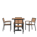 Lark Indoor/Outdoor 5 Piece Patio Dining Table Set with Faux Teak Table & 4 Stacking Club Chairs with Teak Accented Arms