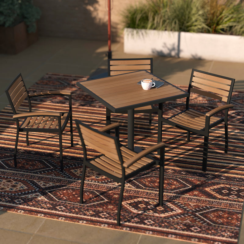 Lark Indoor/Outdoor 5 Piece Patio Dining Table Set with Faux Teak Table & 4 Stacking Club Chairs with Teak Accented Arms