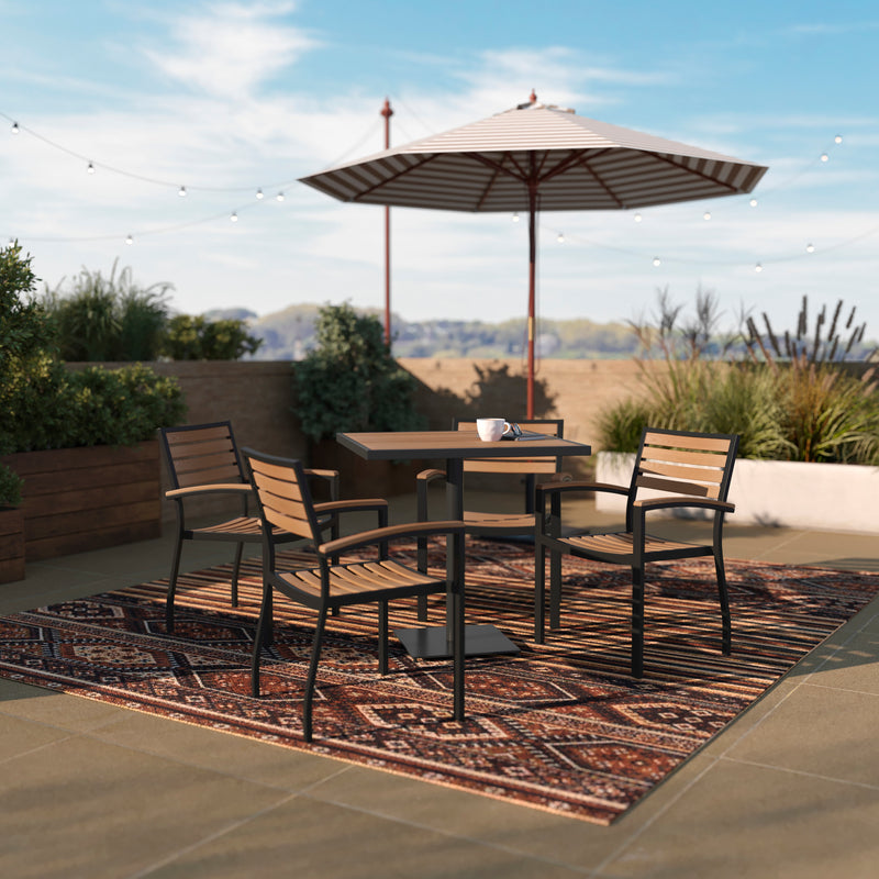 Lark Indoor/Outdoor 5 Piece Patio Dining Table Set with Faux Teak Table & 4 Stacking Club Chairs with Teak Accented Arms