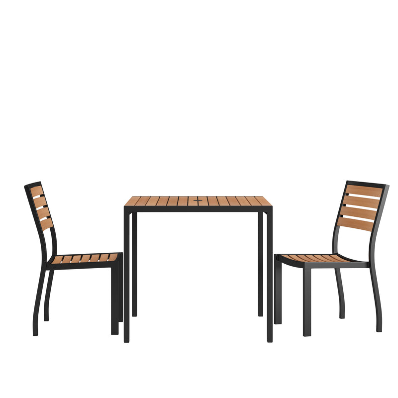 Lark 3 Piece Patio Table Set - Synthetic Teak Poly Slats - Lark 3Lark 5" Square Steel Framed Table with 2 Stackable Faux Teak Chairs