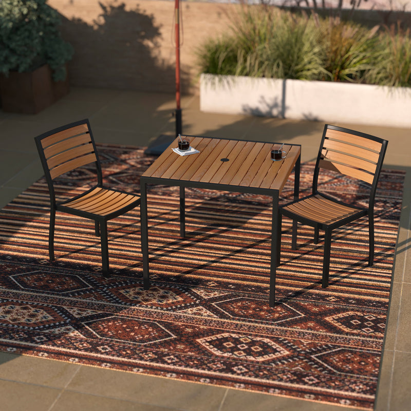 Lark 3 Piece Patio Table Set - Synthetic Teak Poly Slats - Lark 3Lark 5" Square Steel Framed Table with 2 Stackable Faux Teak Chairs