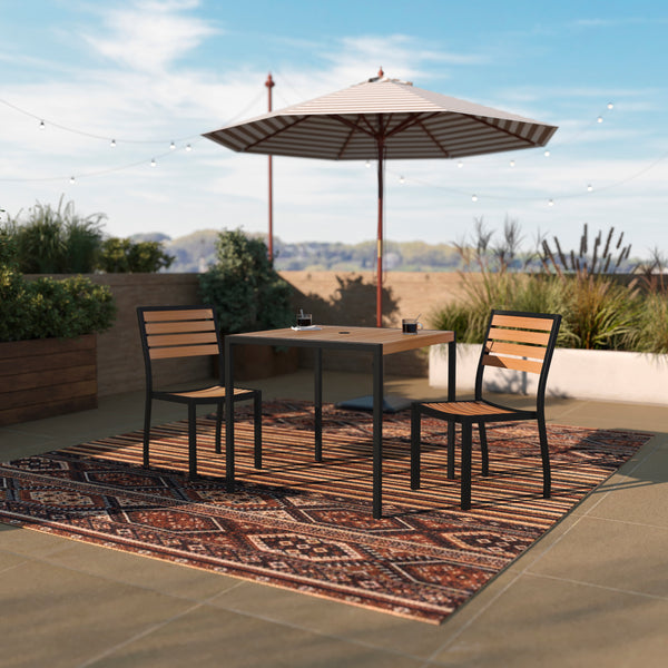 Lark 3 Piece Patio Table Set - Synthetic Teak Poly Slats - Lark 3Lark 5" Square Steel Framed Table with 2 Stackable Faux Teak Chairs