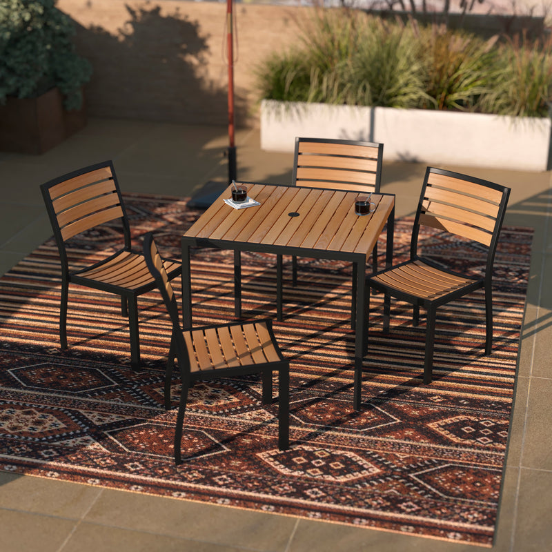 Lark 5 Piece Patio Table Set - Synthetic Teak Poly Slats - Lark 3Lark 5" Square Steel Framed Table with 4 Stackable Faux Teak Chairs