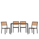 Lark 5 Piece Patio Table Set - Synthetic Teak Poly Slats - Lark 30" x 48" Steel Framed Table with 4 Stackable Faux Teak Chairs