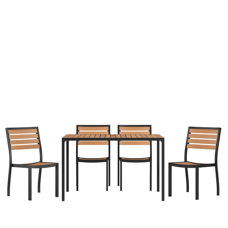 Lark 5 Piece Patio Table Set - Synthetic Teak Poly Slats - Lark 30" x 48" Steel Framed Table with 4 Stackable Faux Teak Chairs