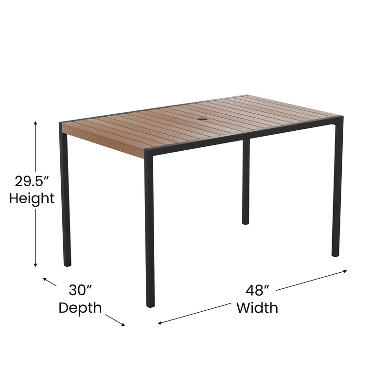 Lark 5 Piece Patio Table Set - Synthetic Teak Poly Slats - Lark 30" x 48" Steel Framed Table with 4 Stackable Faux Teak Chairs