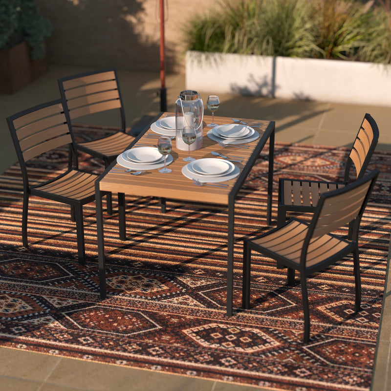 Lark 5 Piece Patio Table Set - Synthetic Teak Poly Slats - Lark 30" x 48" Steel Framed Table with 4 Stackable Faux Teak Chairs