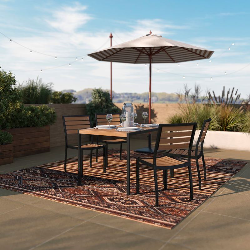 Lark 5 Piece Patio Table Set - Synthetic Teak Poly Slats - Lark 30" x 48" Steel Framed Table with 4 Stackable Faux Teak Chairs