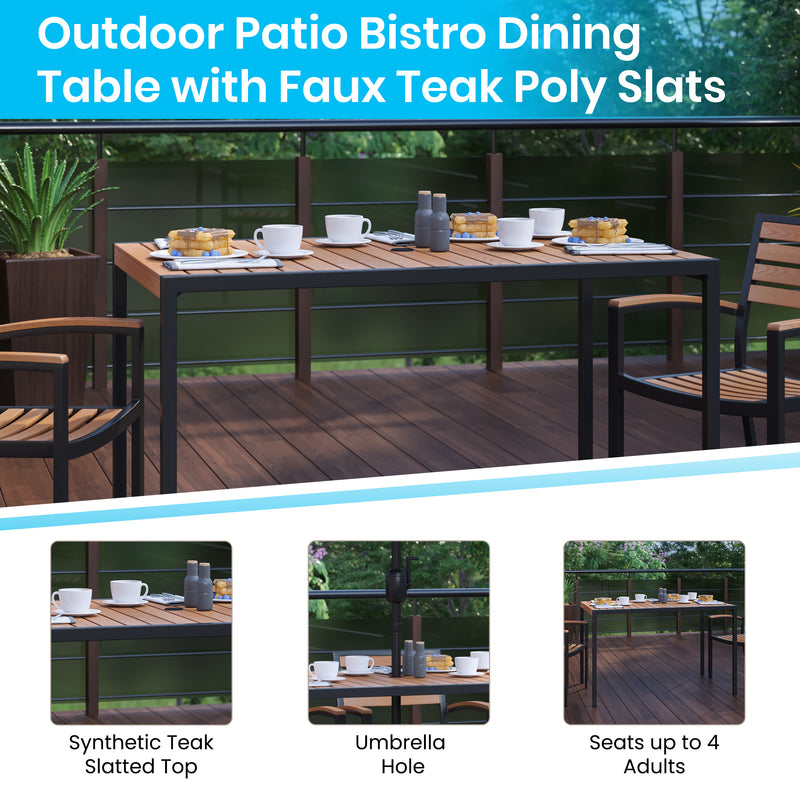 Lark 5 Piece Patio Table Set - Synthetic Teak Poly Slats - Lark 30" x 48" Steel Framed Table with 4 Stackable Faux Teak Chairs