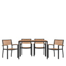Lark 5 Piece Outdoor Dining Table Set - Synthetic Teak Poly Slats - Lark 30" x 48" Steel Framed Table with Umbrella Hole - 4 Club Chairs