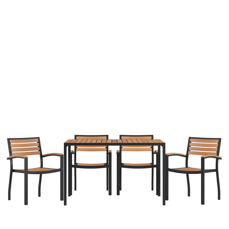 Lark 5 Piece Outdoor Dining Table Set - Synthetic Teak Poly Slats - Lark 30" x 48" Steel Framed Table with Umbrella Hole - 4 Club Chairs