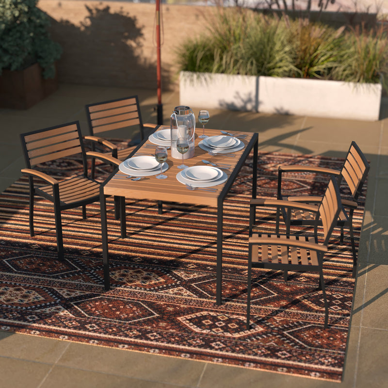 Lark 5 Piece Outdoor Dining Table Set - Synthetic Teak Poly Slats - Lark 30" x 48" Steel Framed Table with Umbrella Hole - 4 Club Chairs