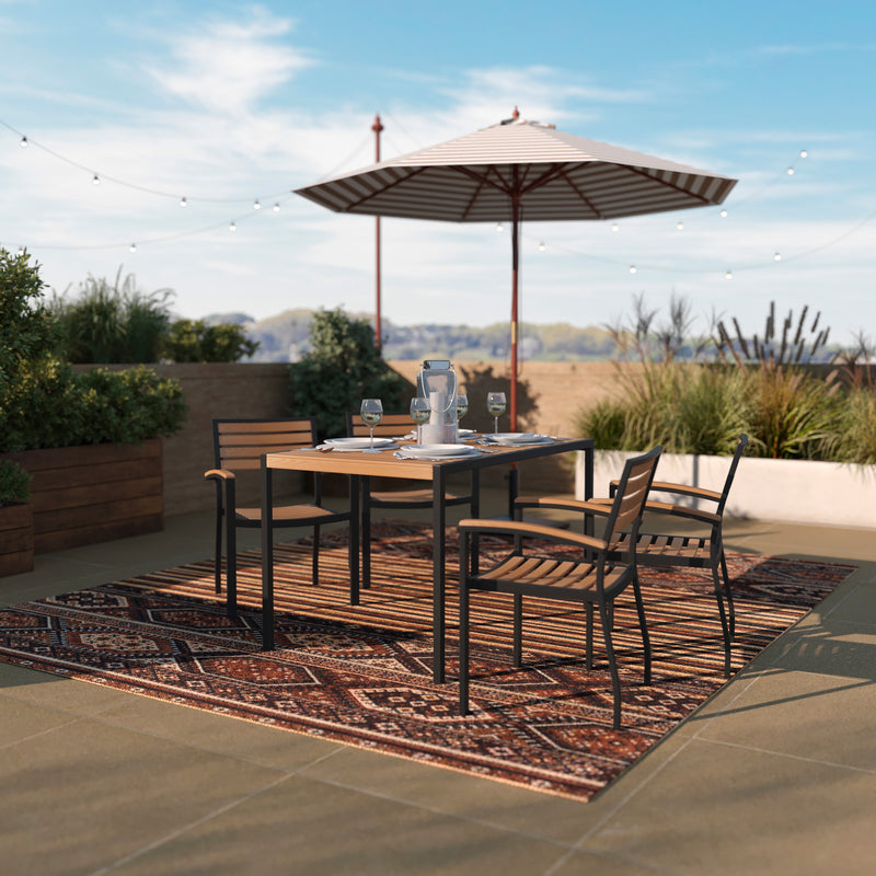 Lark 5 Piece Outdoor Dining Table Set - Synthetic Teak Poly Slats - Lark 30" x 48" Steel Framed Table with Umbrella Hole - 4 Club Chairs