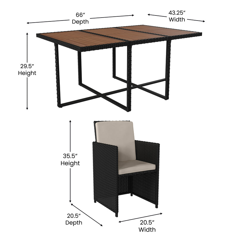 Somerville 7 Piece Patio Dining Table Set, Space Saving Black Wicker Modular Chairs-Cream Cushions & Acacia Wood Table Top