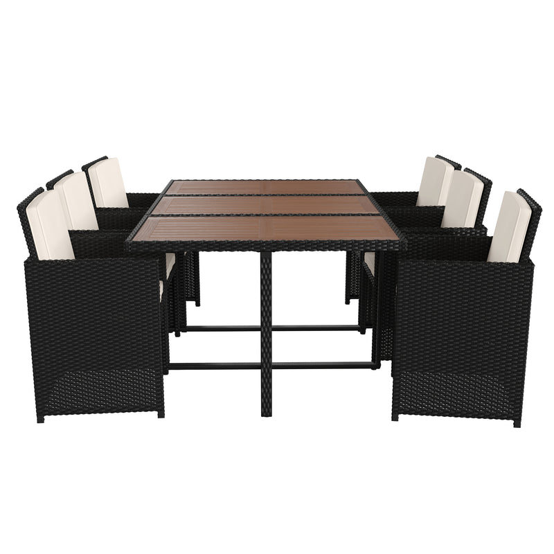 Somerville 7 Piece Patio Dining Table Set, Space Saving Black Wicker Modular Chairs-Cream Cushions & Acacia Wood Table Top