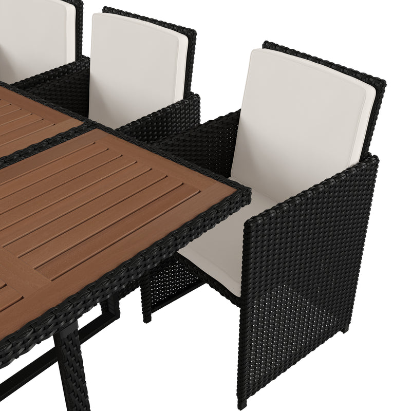 Somerville 7 Piece Patio Dining Table Set, Space Saving Black Wicker Modular Chairs-Cream Cushions & Acacia Wood Table Top