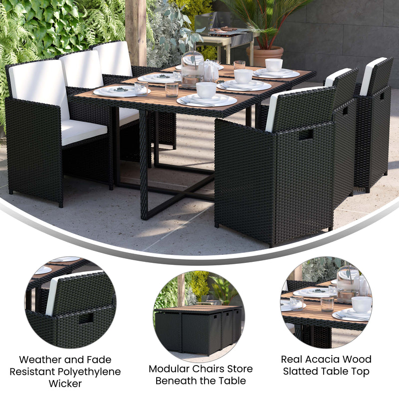 Somerville 7 Piece Patio Dining Table Set, Space Saving Black Wicker Modular Chairs-Cream Cushions & Acacia Wood Table Top