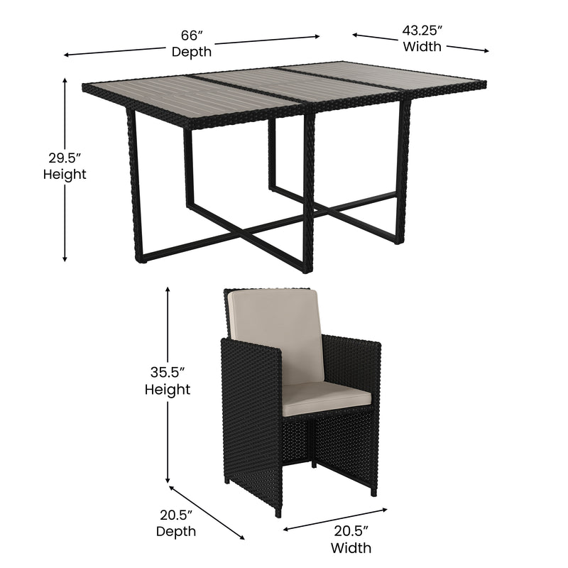 Somerville 7 Piece Patio Dining Table Set, Space Saving Black Wicker Modular Chairs-Cream Cushions & Acacia Wood Table Top