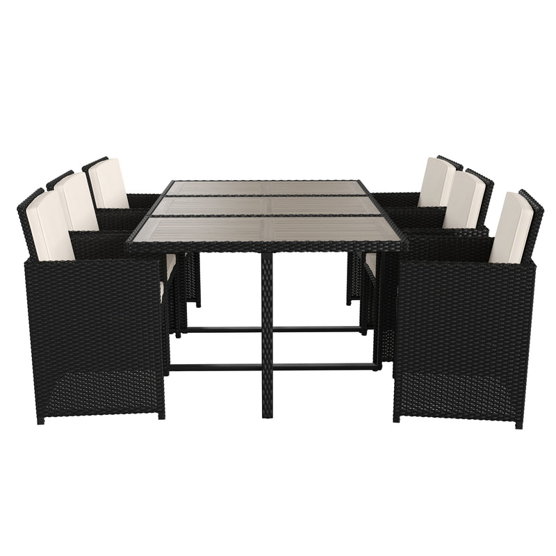 Somerville 7 Piece Patio Dining Table Set, Space Saving Black Wicker Modular Chairs-Cream Cushions & Acacia Wood Table Top