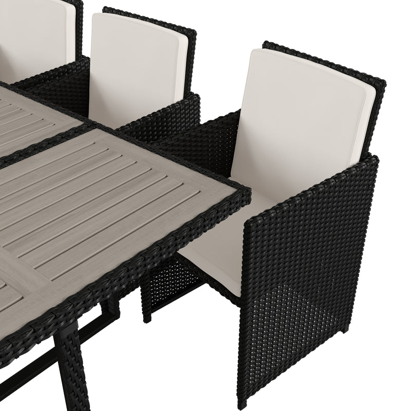 Somerville 7 Piece Patio Dining Table Set, Space Saving Black Wicker Modular Chairs-Cream Cushions & Acacia Wood Table Top