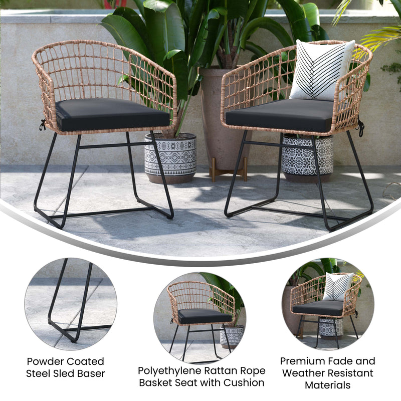 Fielder Set of 2 Indoor/Outdoor Boho Natural PE Wicker Rattan Patio Club Chairs with Cushions and Sled Bases