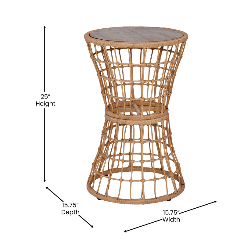 Fielder Indoor/Outdoor Rattan Rope Table with Acacia Wood Top, Fade and Weather Resistant