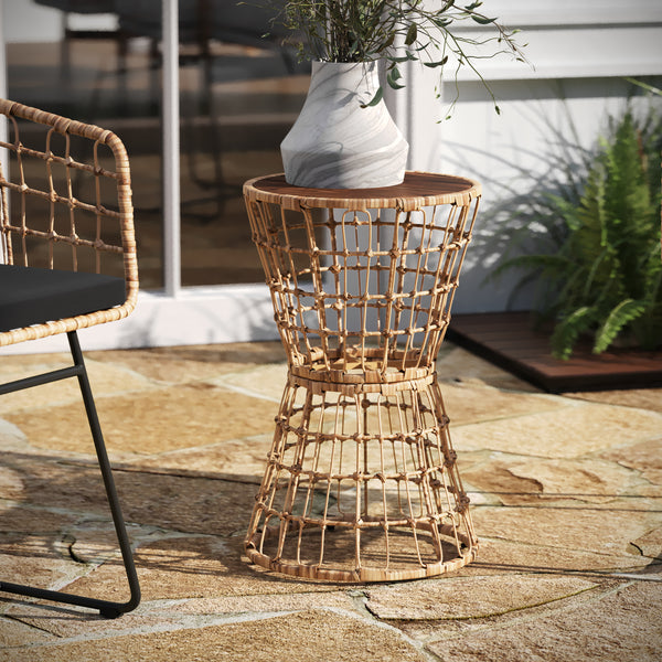 Fielder Indoor/Outdoor Rattan Rope Table with Acacia Wood Top, Fade and Weather Resistant