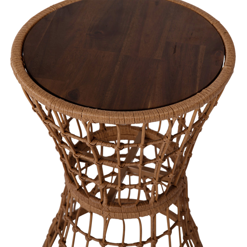 Fielder Indoor/Outdoor Rattan Rope Table with Acacia Wood Top, Fade and Weather Resistant