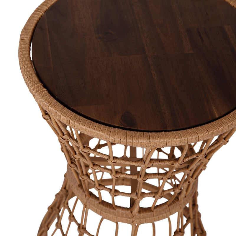 Fielder Indoor/Outdoor Rattan Rope Table with Acacia Wood Top, Fade and Weather Resistant