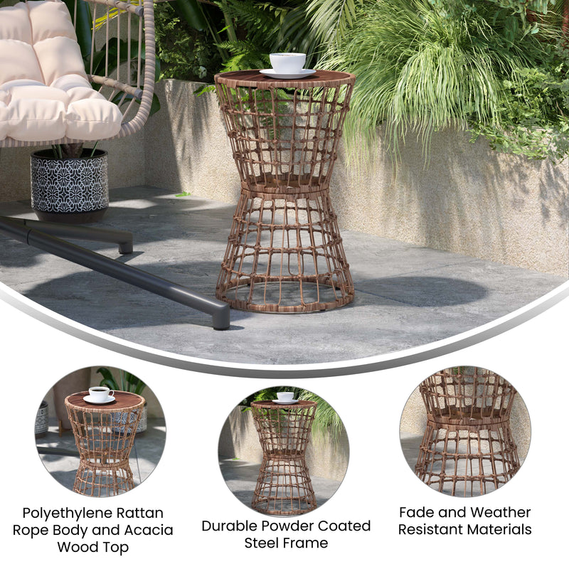 Fielder Indoor/Outdoor Rattan Rope Table with Acacia Wood Top, Fade and Weather Resistant