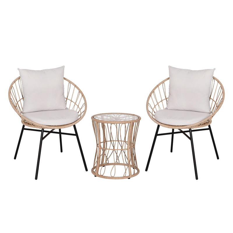 Fielder 3-Piece Tan Indoor/Outdoor Bistro Set with Papasan Style Rattan Rope Chairs, Glass Top Side Table & Cushions