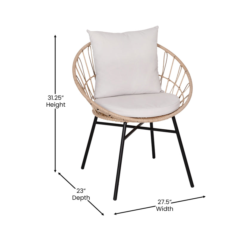 Fielder 3-Piece Tan Indoor/Outdoor Bistro Set with Papasan Style Rattan Rope Chairs, Glass Top Side Table & Cushions