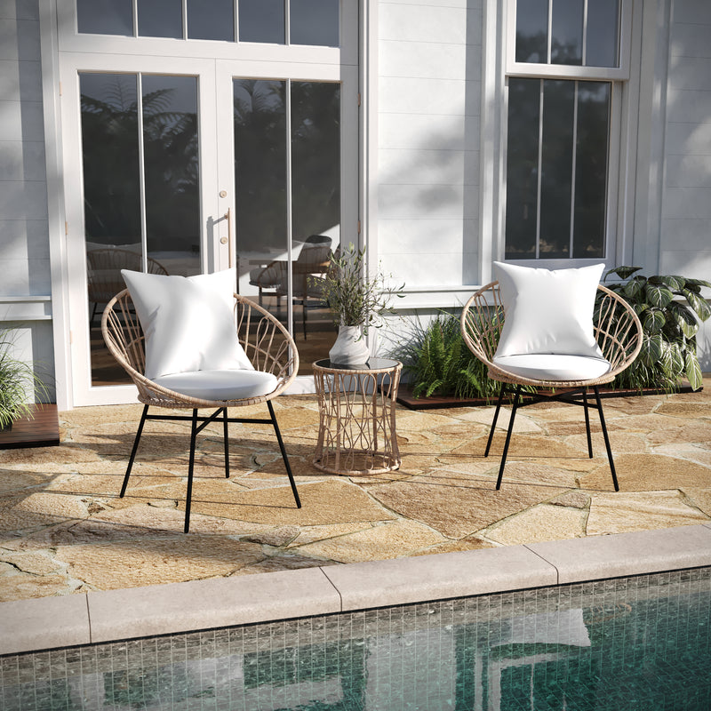 Fielder 3-Piece Tan Indoor/Outdoor Bistro Set with Papasan Style Rattan Rope Chairs, Glass Top Side Table & Cushions