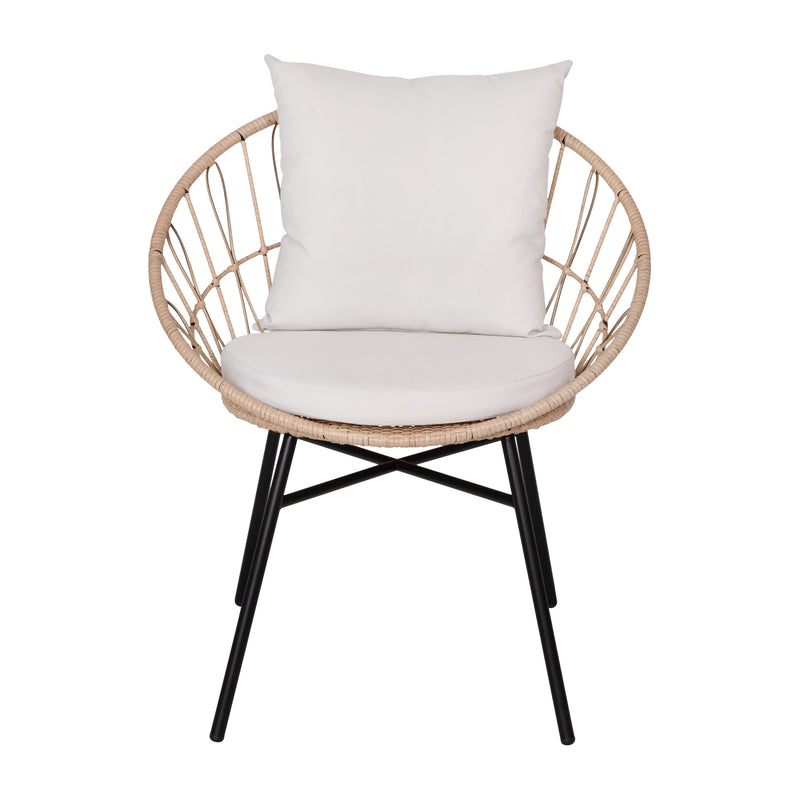 Fielder 3-Piece Tan Indoor/Outdoor Bistro Set with Papasan Style Rattan Rope Chairs, Glass Top Side Table & Cushions